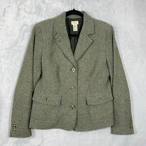 LL Bean Womans M Reg Tweed Wool Silk Blazer Jacket Green Career Academia Classic